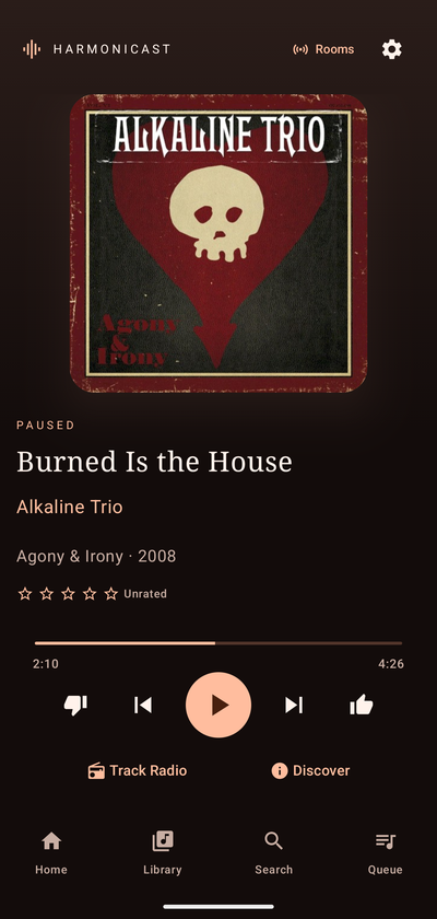 Harmonicast playing Alkaline Trio on Android, showing artwork, ratings, and playback controls