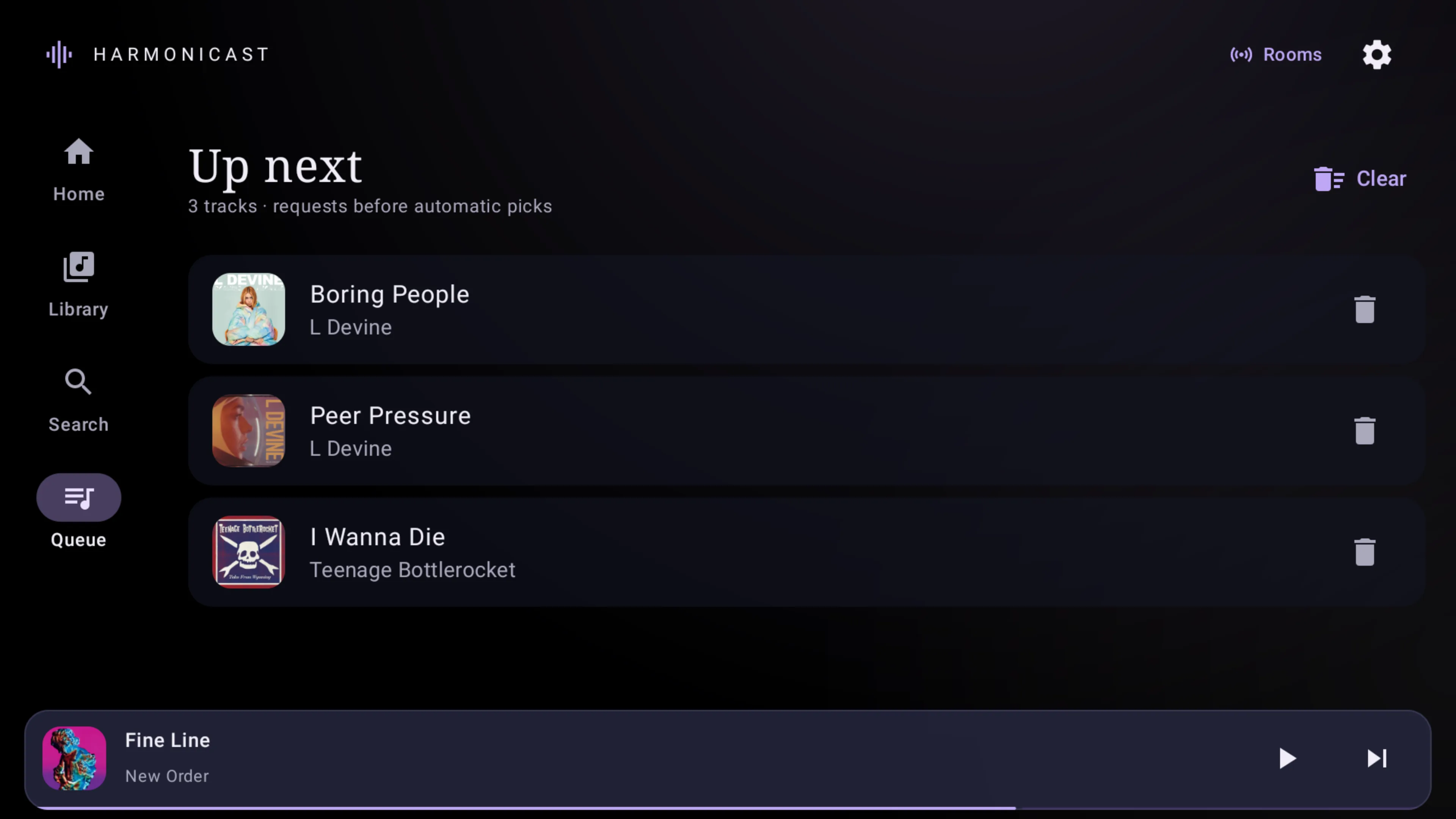 Harmonicast on Android TV showing the Up next queue with three requested tracks and the current track below